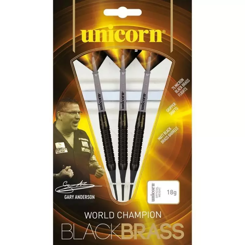Unicorn Black Brass soft tip darts – Gary Anderson 16g: 23661 | 18g: 23662